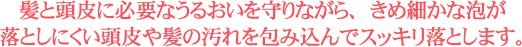 髪と頭皮に必要なうるおいを守りながら、きめ細かな泡が落としにくい頭皮や髪の汚れを包み込んでスッキリ落とします。